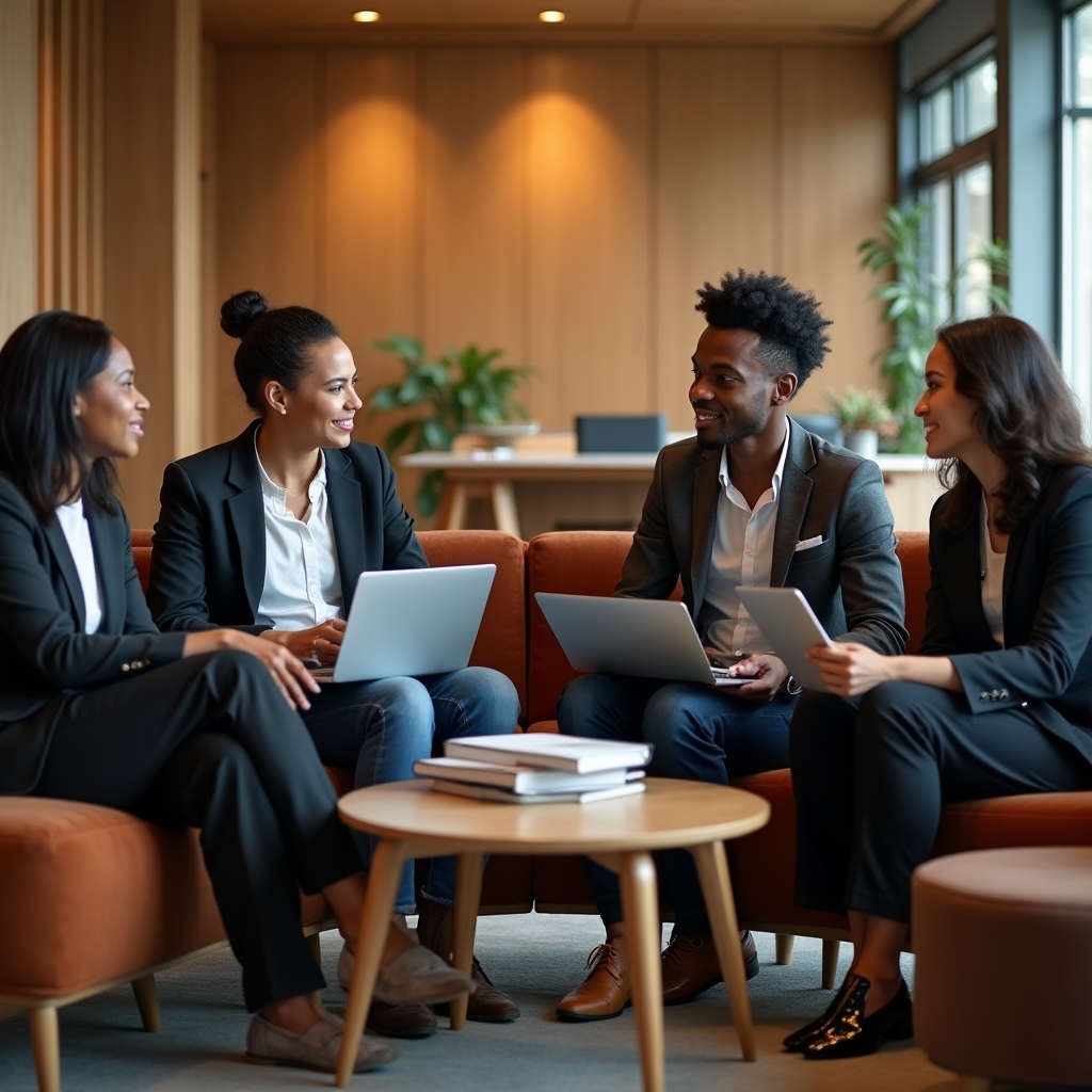 Team von Crelundo bei einer Besprechung in einer modernen Lounge