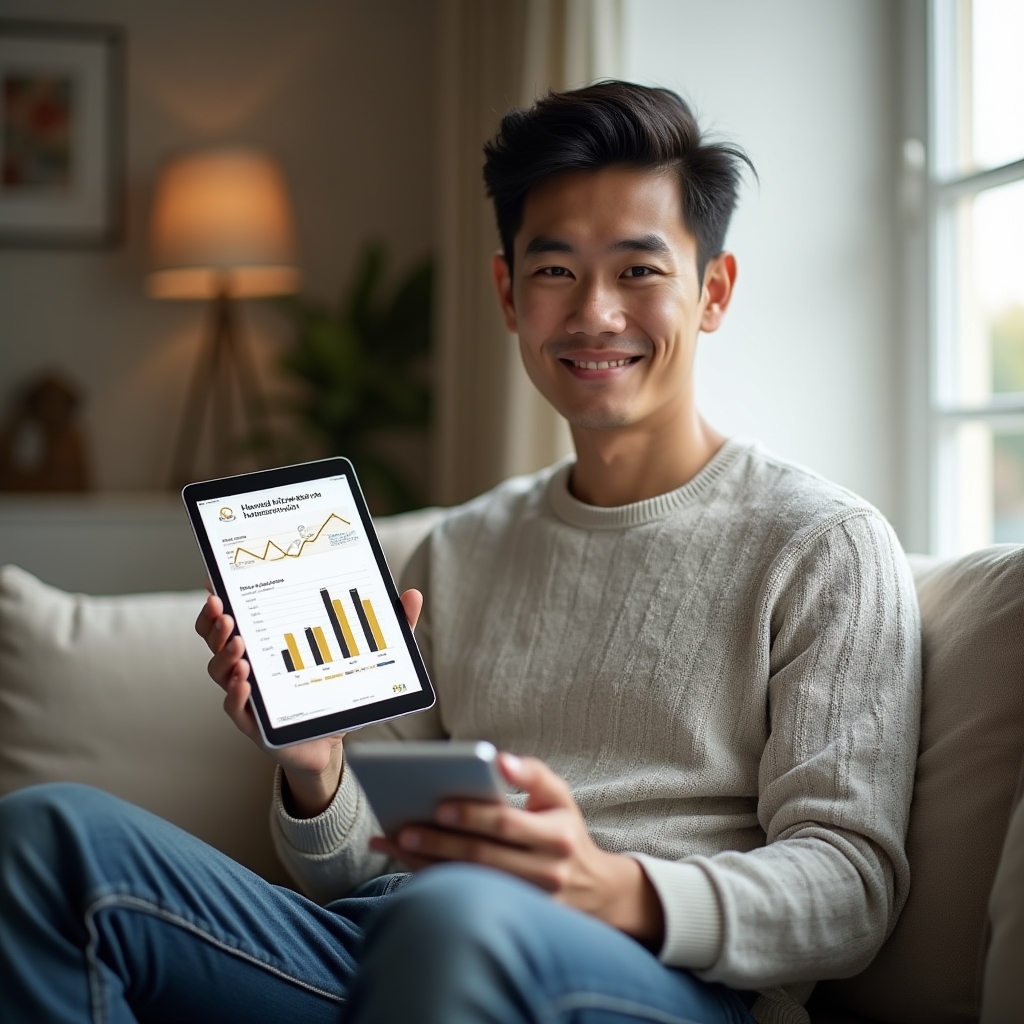 Teilnehmerin lernt mit einem Tablet über Wohnungsmarktthemen